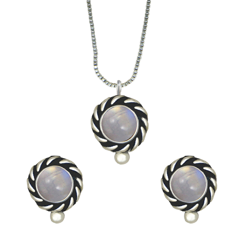 Sterling Silver Petite Necklace Earrings Set Rainbow Moonstone